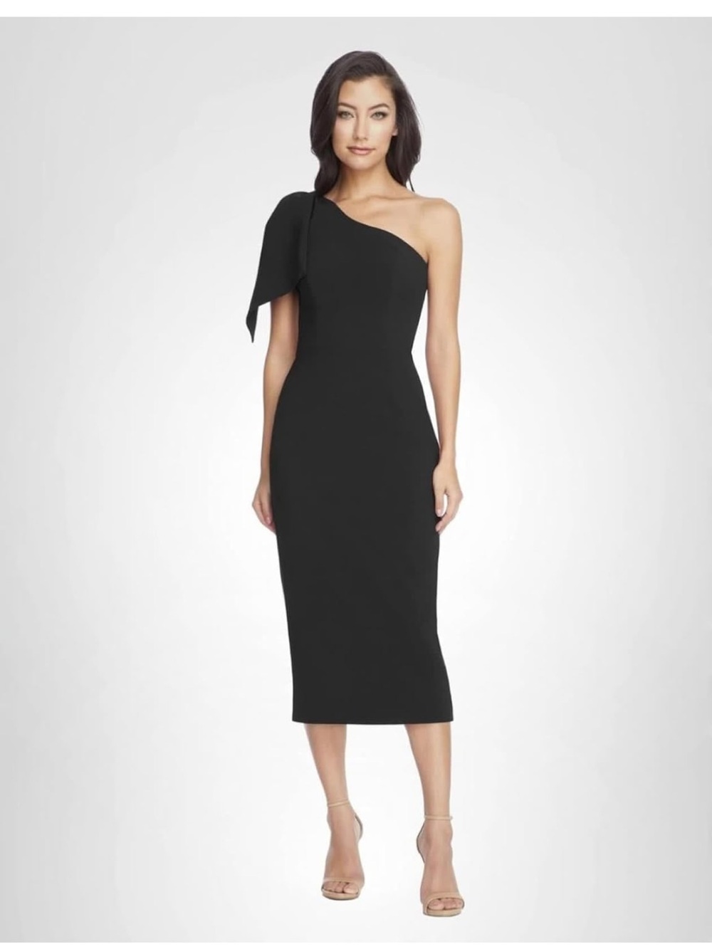Dress the Population Black One-Shoulder Midi Dress with Draped Bow
